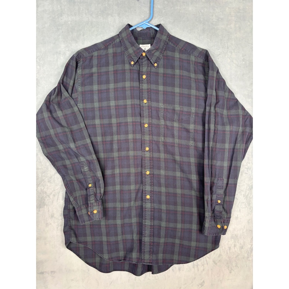 Brooks Brothers Mens Large Plaid Sport Shirt Navy Green Cotton Button Down L - Picture 1 of 7